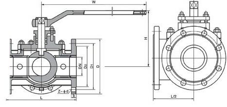Q44F/Q45F三通球阀结构图 Q44F法兰三通球阀(图1)